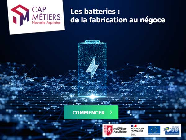 Visuel du kit interactif de Cap Métiers Nouvelle-Aquitaine sur la filière des batteries, illustré par une batterie numérique et des icônes technologiques
