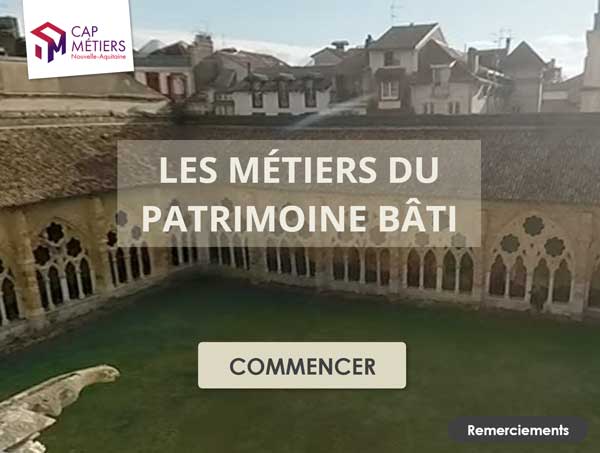 Interface d’entrée de l’expérience 360° sur les métiers du patrimoine bâti, proposée par Cap Métiers Nouvelle-Aquitaine