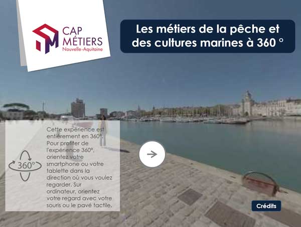 Capture d’écran du portail 360 ° de Cap Métiers Nouvelle‑Aquitaine montrant un décor maritime portuaire offrant une visite immersive sur les métiers de la pêche et de l’aquaculture.