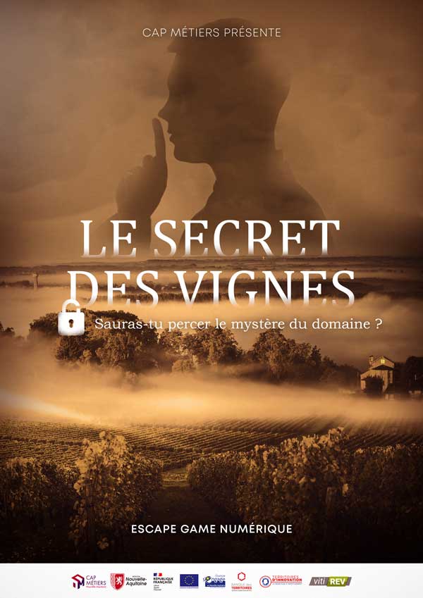 Affiche de l’escape game numérique « Le Secret des Vignes » de Cap Métiers, sur fond de paysage viticole