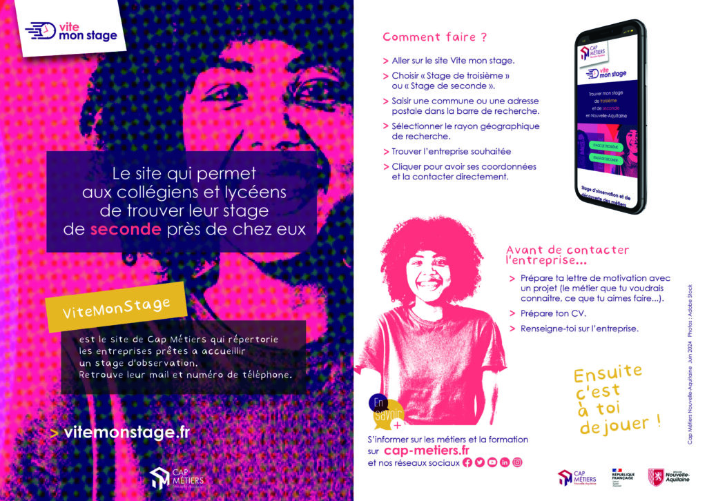 Flyer du site ViteMonStage expliquant comment trouver un stage de seconde près de chez soi en Nouvelle-Aquitaine