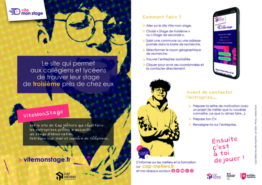 Flyer d'information sur le site ViteMonStage pour aider les collégiens à trouver un stage de 3e en Nouvelle-Aquitaine