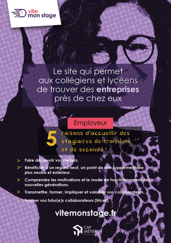 Flyer de présentation du site ViteMonStage à destination des employeurs souhaitant accueillir des stagiaires de 3e ou de 2de