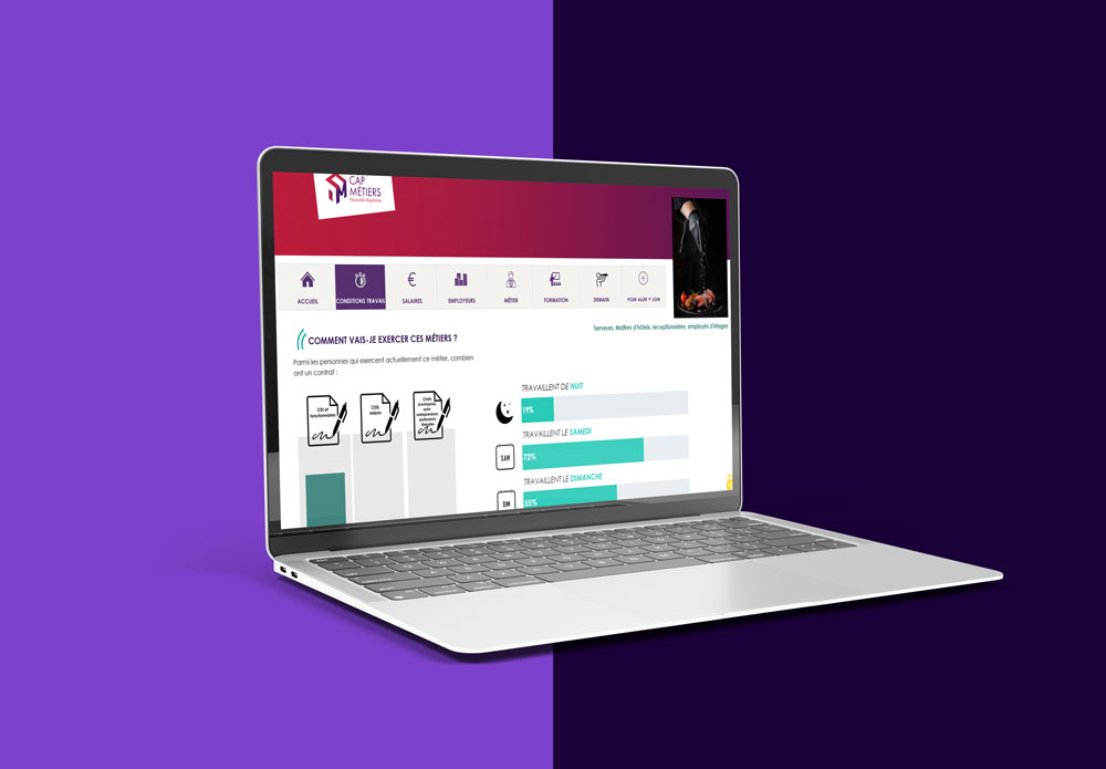 Ordinateur portable affichant des chiffres clés sur les métiers sur l'outil web CMonMétier de Cap Métiers Nouvelle-Aquitaine, avec des statistiques sur les conditions de travail