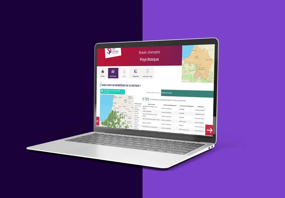 Ordinateur affichant l'outil web CMonTerritoire de Cap Métiers avec une carte interactive du bassin d’emploi du Pays Basque sur le site Cap Métiers Nouvelle-Aquitaine, avec une liste d'entreprises du secteur santé humaine