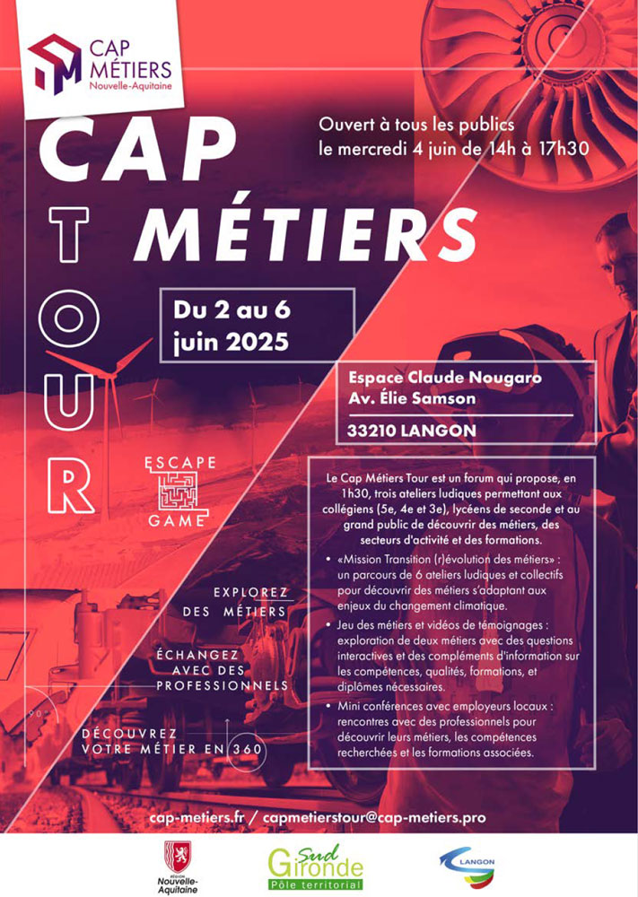 Affiche du Cap Métiers Tour à Langon destinée aux publics scolaires, présentant les activités pédagogiques autour de la découverte des métiers et des formations du 2 au 6 juin 2025.