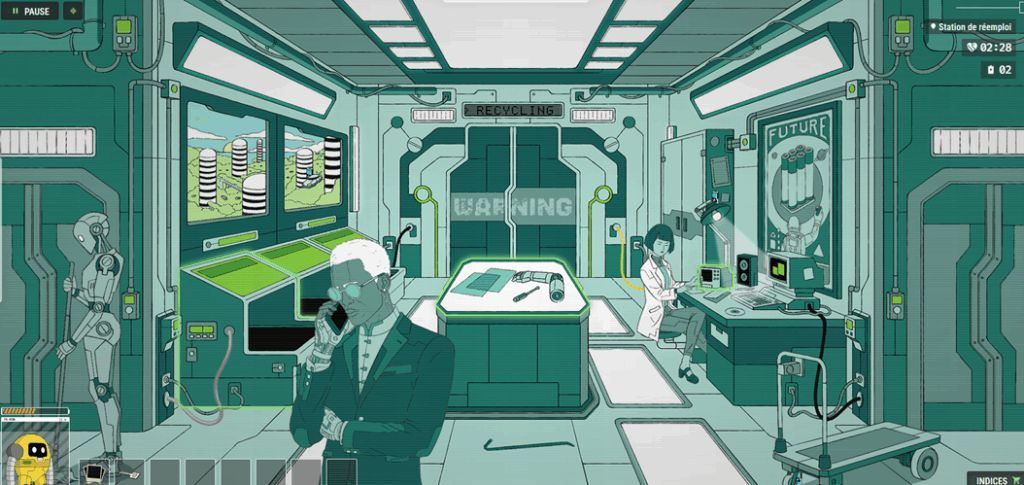 Image issue du jeu "l'Odyssée de Bot-B" consacré aux métiers de la batterie. K'image représente une unité de production / laboratoire futuriste avec trois personnages, donc un robot.